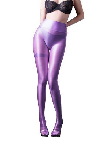 SOFSOT Ultra-durchsichtige Workout-Leggings, glänzende Strumpfhose für Damen, kontrolliert von oben bis zur Taille, Bauchkontrolle, glänzender Slip-Schlauch, Violett, Large von SOFSOT