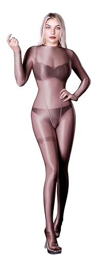 SOFSOT Ultra-transparenter Ganzkörperanzug für Damen, lange Ärmel, glänzend, Einteiler, glänzender Catsuit, Nylons, Ganzkörperanzug, Kaffee, L von SOFSOT