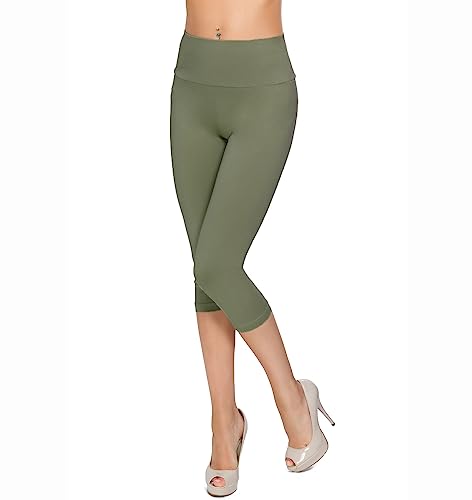 SOFTSAIL Damen 3/4 Leggings Capri Leggings Leggings Damen Lang Sport Baumwolle High Waist Baumwollleggings Frauen Freizeit Relax Bequeme Freizeithose Damen-Hosen Sommer, Khaki 40 von SOFTSAIL
