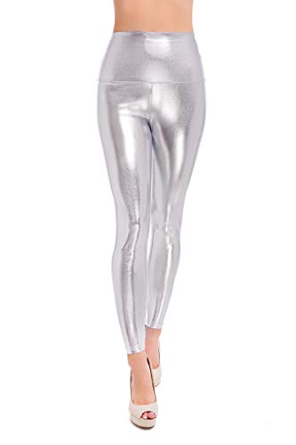 SOFTSAIL Leggings Für Damen Mit High Waist Skinny Hose Aus Latex Glanz-Leggings Mit Lederoptik Alltagshose Hohe Taille Elastischer Bund, Silber 46 von SOFTSAIL