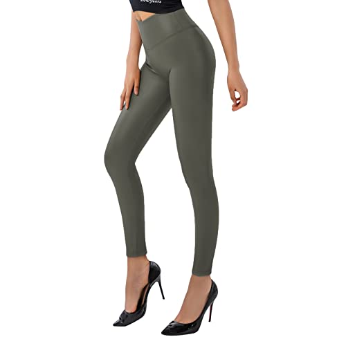 SOGNO D'ORO Damen Kunstleder Leggings High Waist PU Leder Leggings Hose Strumpfhosen Treggins Leggins Fleece Gefüttert,Armeegrün,L von SOGNO D'ORO