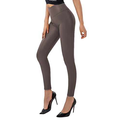 SOGNO D'ORO Damen Kunstleder Leggings High Waist PU Leder Leggings Hose Strumpfhosen Treggins Leggins Fleece Gefüttert,Dunkelbraun,XXL von SOGNO D'ORO