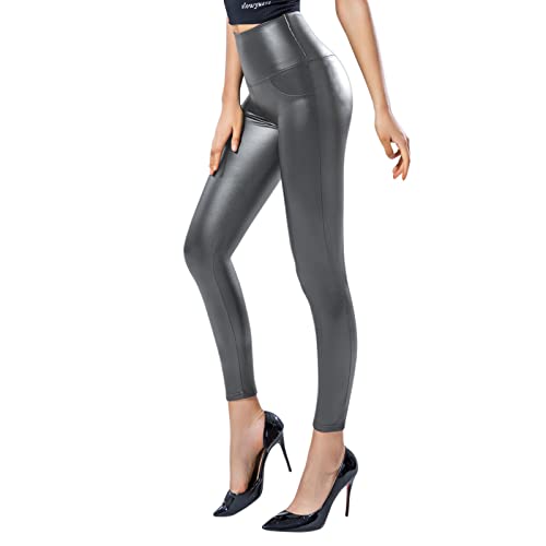 SOGNO D'ORO Damen Kunstleder Leggings High Waist PU Leder Leggings Hose Strumpfhosen Treggins Leggins Fleece Gefüttert,Hellgrau von SOGNO D'ORO