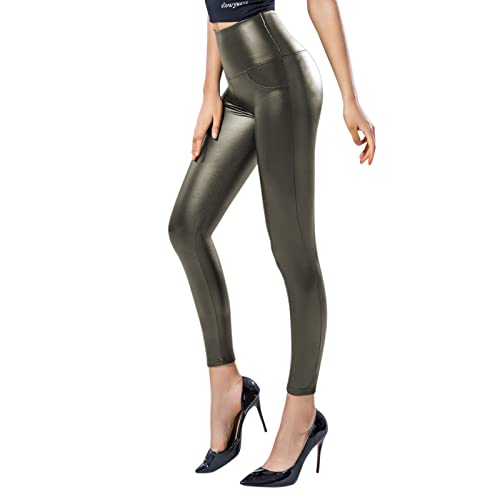 SOGNO D'ORO Damen Kunstleder Leggings High Waist PU Leder Leggings Hose Strumpfhosen Treggins Leggins Fleece Gefüttert,Hellgrün von SOGNO D'ORO