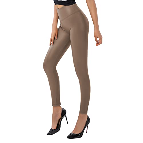 SOGNO D'ORO Damen Kunstleder Leggings High Waist PU Leder Leggings Hose Strumpfhosen Treggins Leggins Fleece Gefüttert,Karamell,S von SOGNO D'ORO