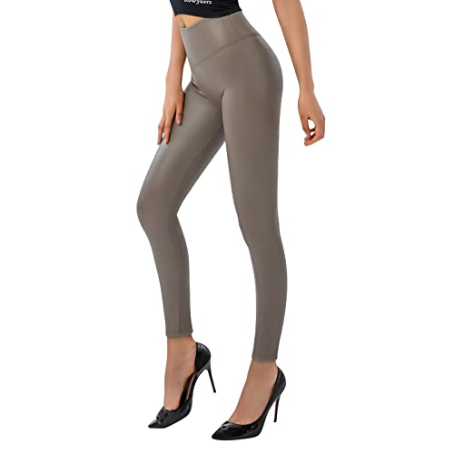 SOGNO D'ORO Damen Kunstleder Leggings High Waist PU Leder Leggings Hose Strumpfhosen Treggins Leggins Fleece Gefüttert,Khaki,L von SOGNO D'ORO