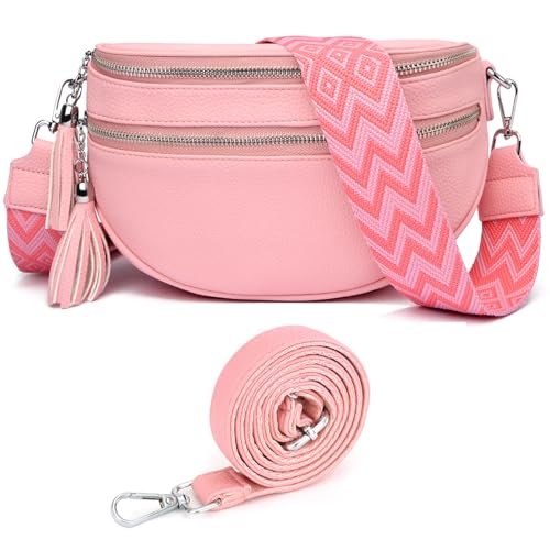 SOGYECS Umhängetasche Damen Klein Crossbody Bag Breiter Gurt Bauchtasche Stylisch Rosa Mit Kreditkartenfach und 2 Schultergurten von SOGYECS