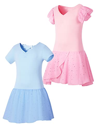 SOIBEEN Ballett Trikot für Mädchen Tanzbekleidung mit Rock Ballerina Ballett Kleid Tanz Outfit 2-Pack Flutter Ärmel Kurzarm 11-12 Jahre Hellblau von SOIBEEN