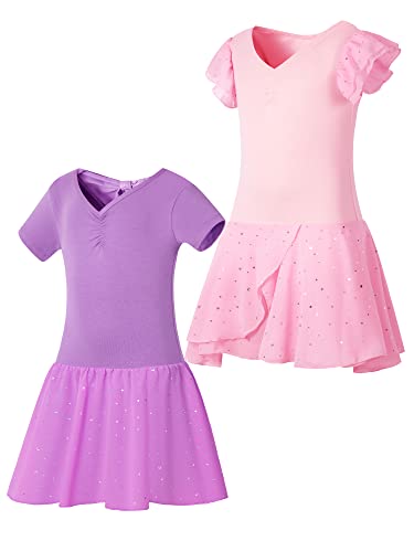 SOIBEEN Ballett Trikot für Mädchen Tanzbekleidung mit Rock Ballerina Ballett Kleid Tanz Outfit 2-Pack Flutter Ärmel Kurzarm 11-12 Jahre Helllila/Hellrosa von SOIBEEN