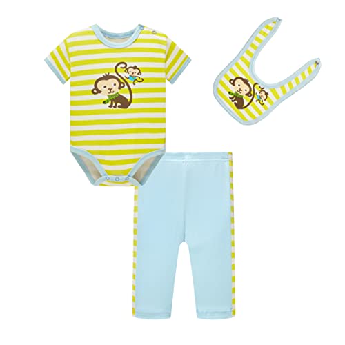 SOIBEEN Entzückende Baby Bodysuit Gestreifte Neugeborene Strampler Jungen mit kwirrenden Lätzchen Unisex 3-teiliges Set 9-12 Monate von SOIBEEN