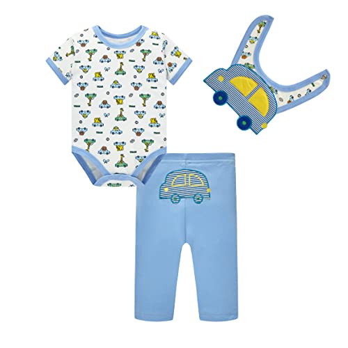 SOIBEEN Entzückende Baby Bodysuit Neugeborene Strampler Jungen Auto Muster mit kwirrenden Lätzchen Unisex 3-teiliges Set 9-12 Monate von SOIBEEN