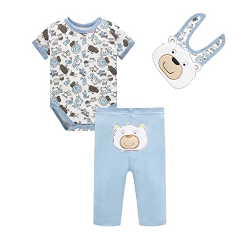 SOIBEEN Entzückende Baby Bodysuit Neugeborene Strampler Jungen Mädchen Bärenmuster mit kwirrenden Lätzchen Unisex 3-teiliges Set 0-6 Monate von SOIBEEN