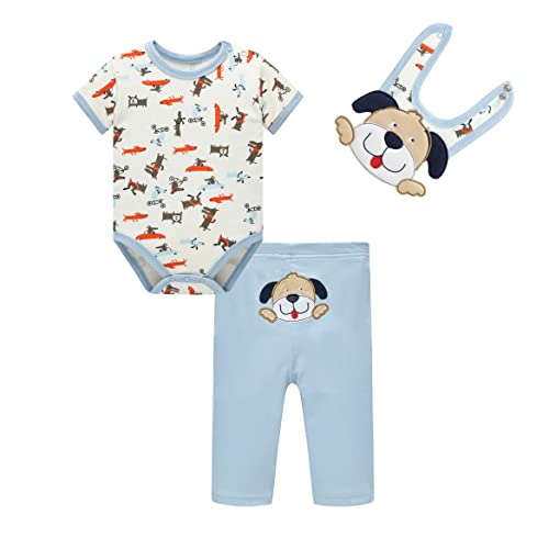 SOIBEEN Entzückende Baby Bodysuit Neugeborene Strampler Jungen Mädchen Puppy Muster mit kwirrenden Lätzchen Unisex 3-teiliges Set 0-6 Monate von SOIBEEN