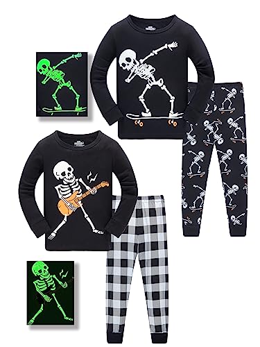 SOIBEEN Jungen Pyjama Halloween Nachtwäsche Glühen im Dunkeln Kostüme Kleidung für Kinder Skelett Knochen Nachtwäsche Baumwolle Outfit Langarm PJs 2-teilig Set 3-4 Jahre von SOIBEEN