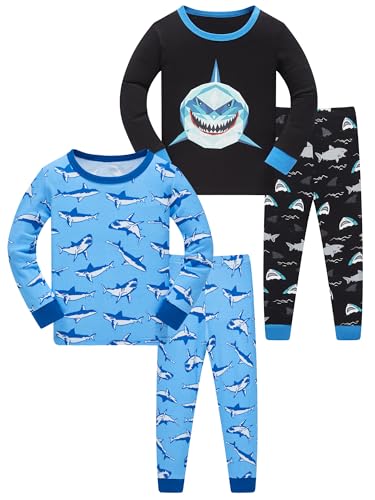 SOIBEEN Jungen Pyjama Set Langarm Haie T-Shirt & Hose Loungewear 4-teilige PJs für Kinder Schlafkleidung Pyjama Nachtkleidung 9 Jahre von SOIBEEN