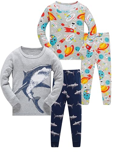 SOIBEEN Jungen Pyjama Set Langarm Pyjamas Haie Raketen Drucken 4-teilige PJs für Kinder Schlafkleidung Pyjama Nachtkleidung 3 Jahre von SOIBEEN