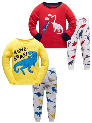 SOIBEEN Jungen Pyjamas Dinosaurier Nachtkleidung Baumwolle Kleidung Kinder Schlafkleidung Langarm PJs Set 4 Stück Outfit 12 Jahre von SOIBEEN