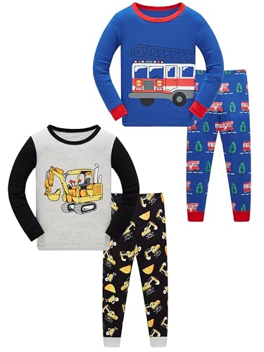 SOIBEEN Jungen Pyjamas Kinder Kleidung 100% Baumwolle Nachtwäsche Set Digger Gedruckt Blau Schwarz 4-teilige Nachtwäsche Langarm 6 Jahre von SOIBEEN