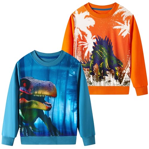 SOIBEEN Jungen Sweatshirt Entzückende Kinder Pullover 2-Pack Dinosaurier 3D Top Shirt Rundhals Langarm Casual Kleidung Hoddie 7-8 Jahre von SOIBEEN