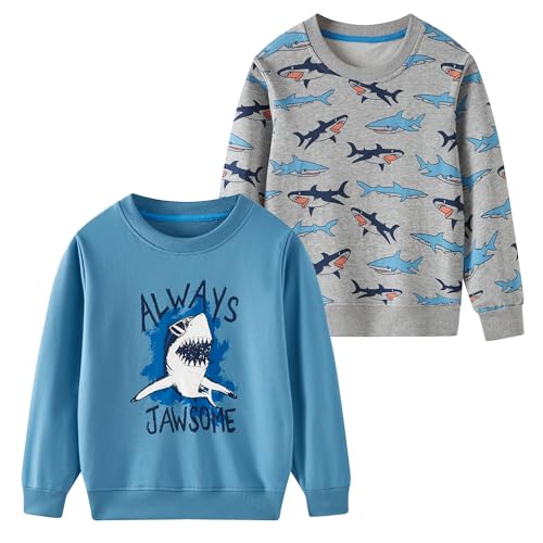 SOIBEEN Jungen Sweatshirt Entzückende Kinder Pullover 2-Pack Dinosaurier Haie Top Shirt Pullover Rundhalsausschnitt Langarm Freizeitkleidung Frühling Herbst Baumwolle Hoddie 1-2 Jahre von SOIBEEN