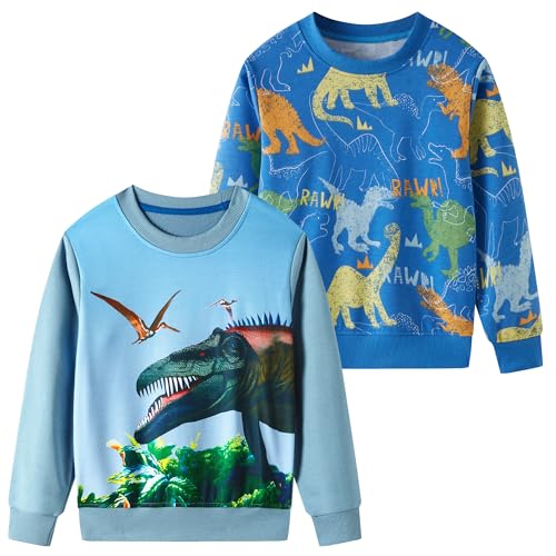 SOIBEEN Jungen Sweatshirt Entzückende Kinder Pullover 2-Pack Dinosaurier Top Shirt Pullover Rundhalsausschnitt Langarm Freizeitkleidung Frühling Herbst Baumwolle Hoddie 3-4 Jahre von SOIBEEN