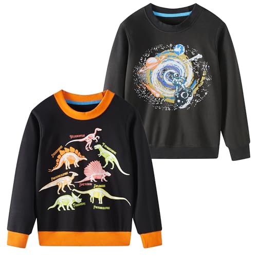 SOIBEEN Jungen Sweatshirt Entzückende Kinder Pullover 2-Pack Raum Dinosaurier Top Shirt Pullover Crew-Ausschnitt Kleidung Langarm Casual Hoddie 3-4 Jahre von SOIBEEN