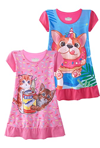 SOIBEEN Mädchen Nachthemden 3D Nachthemden 2er-Pack Nachthemd Baumwolle Nachtwäsche für Mädchen 2-9 Jahre, Pyppycata Short Pink Blue, 116 von SOIBEEN