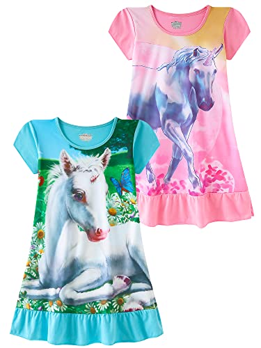 SOIBEEN Mädchen Nachthemden 3D Nachthemden 2er-Pack Nachthemd Baumwolle Nachtwäsche für Mädchen 2-9 Jahre, Unicorna Short pink blau, 2-3 Jahre von SOIBEEN