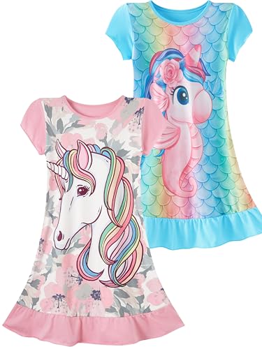 SOIBEEN Mädchen Nachthemden Einhorn Nachthemden 2-Pack Nachthemd Kurzarm Nachtwäsche für Mädchen Blau Rosa 4-5 Jahre 110 Höhe von SOIBEEN