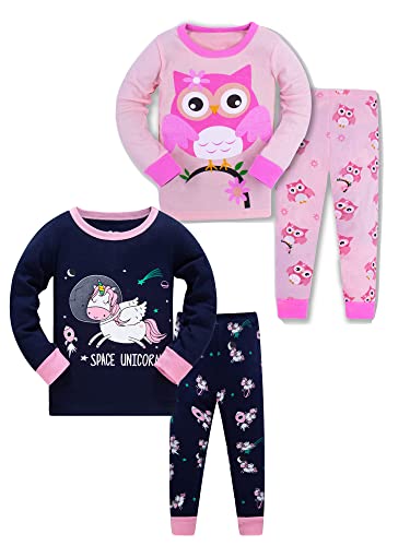 SOIBEEN Mädchen Pyjama Set 100% Baumwolle PJs Kleinkind Langarm Nachtwäsche Kinder Kleidung 2 Stück Outfit,Einhorn-Eule,7 Jahre von SOIBEEN