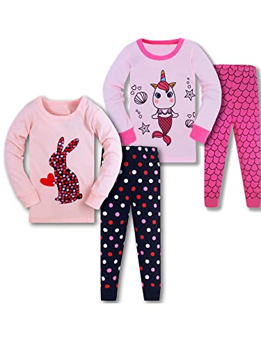 SOIBEEN Mädchen Pyjama Set 100% Baumwolle PJs Kleinkind Langarm Nachtwäsche Kinder Kleidung 2 Stück Outfit 1-2 Jahre, Kaninchen-Einhorn-Meerjungfrau, 3-4 Jahre von SOIBEEN