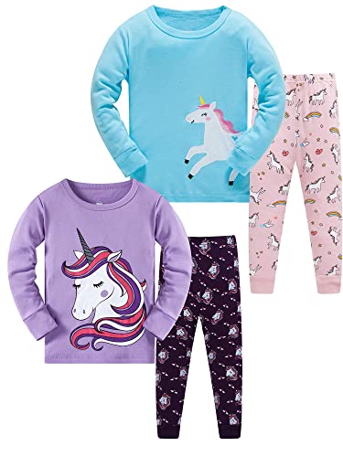 SOIBEEN Mädchen Pyjama Set 100% Baumwolle PJs Kleinkind Langarm Nachtwäsche Kinder Kleidung 2 Stück Outfit 1-8 Jahre, Einhorn, Bestickt und Bedruckt, 4-5 Jahre von SOIBEEN