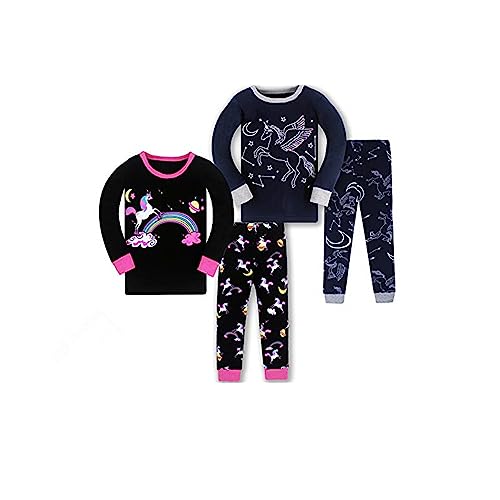 SOIBEEN Mädchen Pyjama Set 100% Baumwolle PJs Kleinkind Langarm Nachtwäsche Kinder Kleidung 2 Stück Outfit 1-8 Jahre, Einhorn-Leuchtmarke, 5-6 Jahre von SOIBEEN
