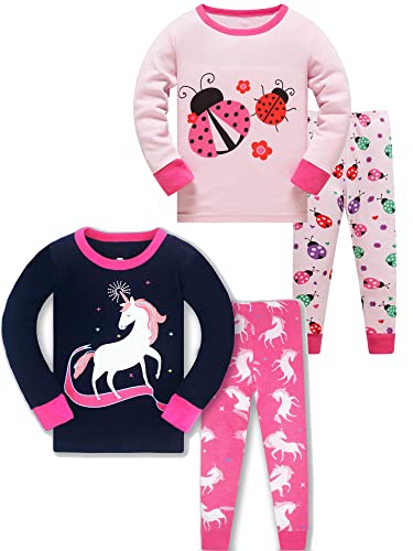 SOIBEEN Mädchen Pyjama Set 100% Baumwolle PJs Kleinkind Langarm Nachtwäsche Kinder Kleidung 2 Stück Outfit 1-8 Jahre, Einhorn-Marienkäfer, 3-4 Jahre von SOIBEEN