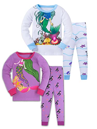 SOIBEEN Mädchen Pyjama Set 100% Baumwolle PJs Kleinkind Langarm Nachtwäsche Kinder Kleidung 2 Stück Outfit 1-8 Jahre, Meerjungfrau-lila-weiß, 4-5 Jahre von SOIBEEN