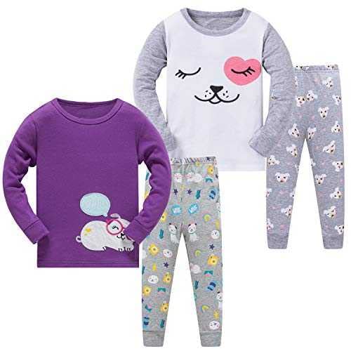 SOIBEEN Mädchen Pyjama Set 100% Baumwolle PJs Kleinkind Langarm Nachtwäsche Kinder Kleidung 2 Stück Outfit 1-8 Jahre, Welpen-Stickerei und Aufdruck, 6-7 Jahre von SOIBEEN