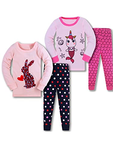 SOIBEEN Mädchen Pyjama Set 100% Baumwolle PJs Kleinkind Langarm Nachtwäsche Kinder Kleidung 2 Stück Outfit Kaninchen-Einhorn-Meerjungfrau 6 Jahre von SOIBEEN