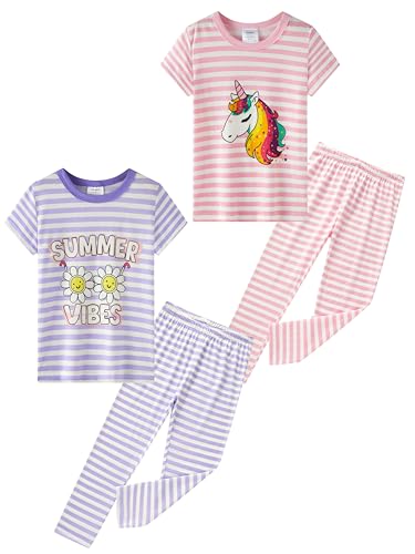 SOIBEEN Mädchen Pyjama Set Kurzarm T-Shirt mit Langen Hosen Loungewear Einhorn Rosa gestreifte lila gestreifte PJs für Kinder Nachtwäsche Pyjama Nachtwäsche 9-10 Jahre Höhe 1040 von SOIBEEN