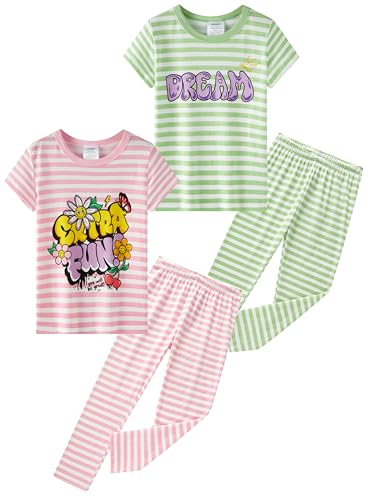 SOIBEEN Mädchen Pyjama Set Kurzarm T-Shirt mit Langen Hosen Loungewear Grün gestreifte PJs für Kinder Nachtwäsche Pyjama Nachtwäsche 5-6 Jahre Höhe 120 von SOIBEEN