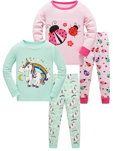 SOIBEEN Mädchen Pyjama Set Langarm T-Shirt Hose Loungewear Marienkäfer Einhorn PJs für Kinder Nachtwäsche Pyjama Nachtwäsche 6 Jahre 4-teiliges Set von SOIBEEN