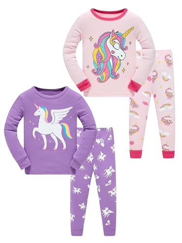 SOIBEEN Mädchen Pyjama Set Langarm T-Shirt Hose Loungewear Rosa Lila Einhorn PJs für Kinder Nachtwäsche Pyjama Nachtwäsche 4 Jahre von SOIBEEN