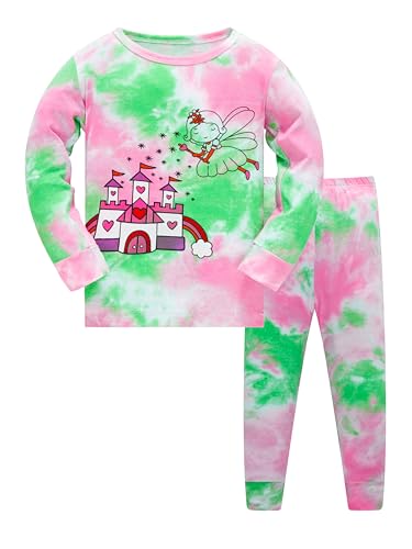 SOIBEEN Mädchen Pyjama Set Tie-Dye Pyjama 100% Baumwolle Nachtwäsche Langarm PJs Kleidung 2-teiliges Set, Tiedye-Fee Schloss, 116 von SOIBEEN