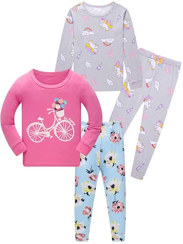 SOIBEEN Mädchen Pyjamas 100% Baumwolle Schlafkleidung Set 4-teilige Kinder Kleidung Einhorn Blumen Druck Langarm Nachtkleidung 7 Jahre von SOIBEEN