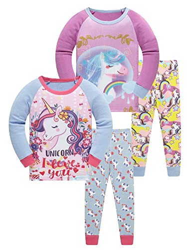 SOIBEEN Mädchen Pyjamas Set Mädchen Nachtwäsche Einhorn Pyjamas 100% Baumwolle PJs 9-10 Jahre Kleinkind Kleidung Langarm 4-teiliges Set von SOIBEEN