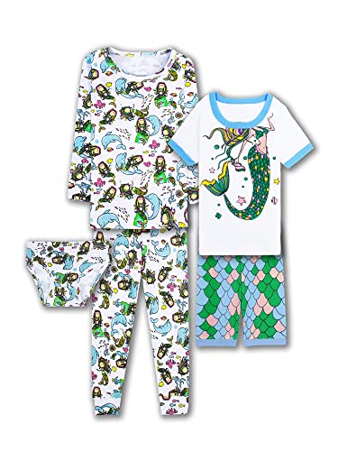 SOIBEEN Mädchen Pyjamas Set Meerjungfrau Pyjamas 100% Baumwolle PJs 7-8 Jahre Langarm Kurzarm Unterwäsche 5-teiliges Set Nachtwäsche von SOIBEEN