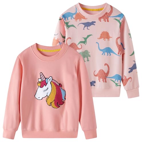 SOIBEEN Mädchen Sweatshirt Entzückende Kinder Pullover 2-Pack Einhorn Dinosaurier Top Shirt Pullover Rundhalsausschnitt Langarm Freizeitkleidung Frühling Herbst Baumwolle Hoddie 4-5 Jahre von SOIBEEN