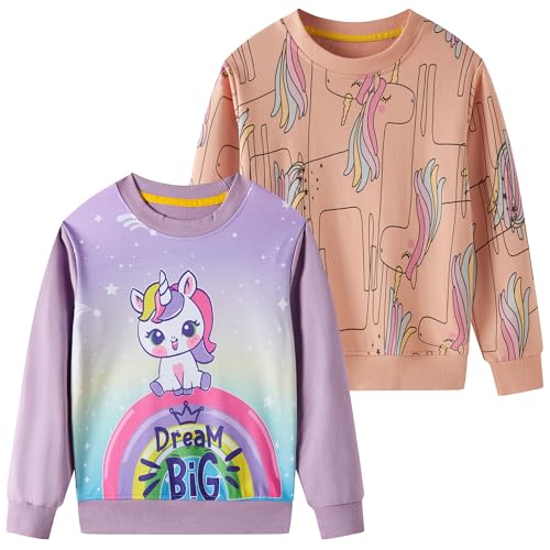 SOIBEEN Mädchen Sweatshirt Entzückende Kinder Pullover 2-Pack Einhorn Top Shirt Pullover Pullover Rundhalsausschnitt Langarm Freizeitkleidung Frühling Herbst Baumwolle Hoddie 1-2 Jahre von SOIBEEN