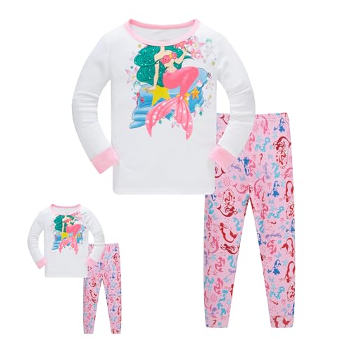 SOIBEEN Puppe & Mädchen Passende Pyjamas Mädchen Kleidung 100% Baumwolle PJs für Kinder Nachtwäsche 4-teiliges Set 2-14 Jahre, Rosa Meerjungfrau, 5-6 Jahre von SOIBEEN