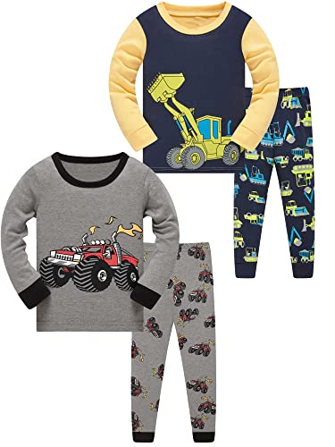 SOIBEEN Pyjamas für Jungen Bagger LKW Nachtwäsche Baumwolle Kleidung Kinder Nachtwäsche Langarm PJs Set 4-teiliges Outfit 5-6 Jahre von SOIBEEN