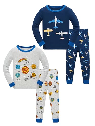 SOIBEEN Pyjamas für Jungen Flugzeug Raum Nachtwäsche Baumwolle Kleinkind Kleidung Kinder Nachtwäsche Langarm PJs Set 4-teiliges Outfit 5 Jahre von SOIBEEN